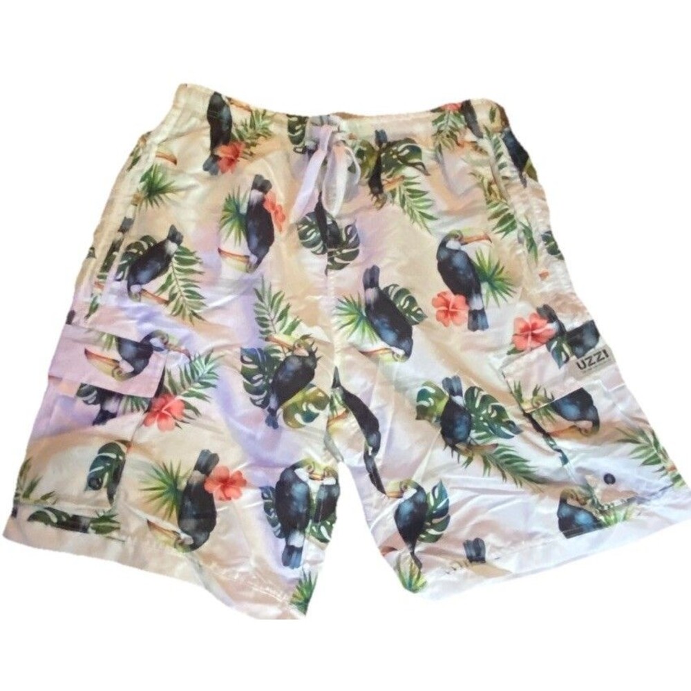 Uzzi Shorts Mens XL White Toucans Hawaiian Swim Trunks Lined Elastic Waist